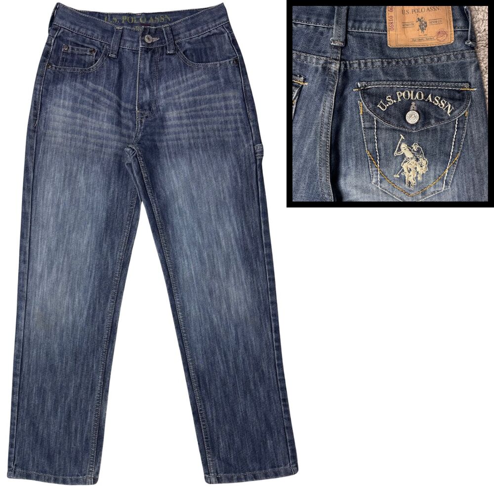 U.S. Polo Assn. Boys Jeans Slim Straight Embroidered Logo Size 12 Blue Denim Y2K